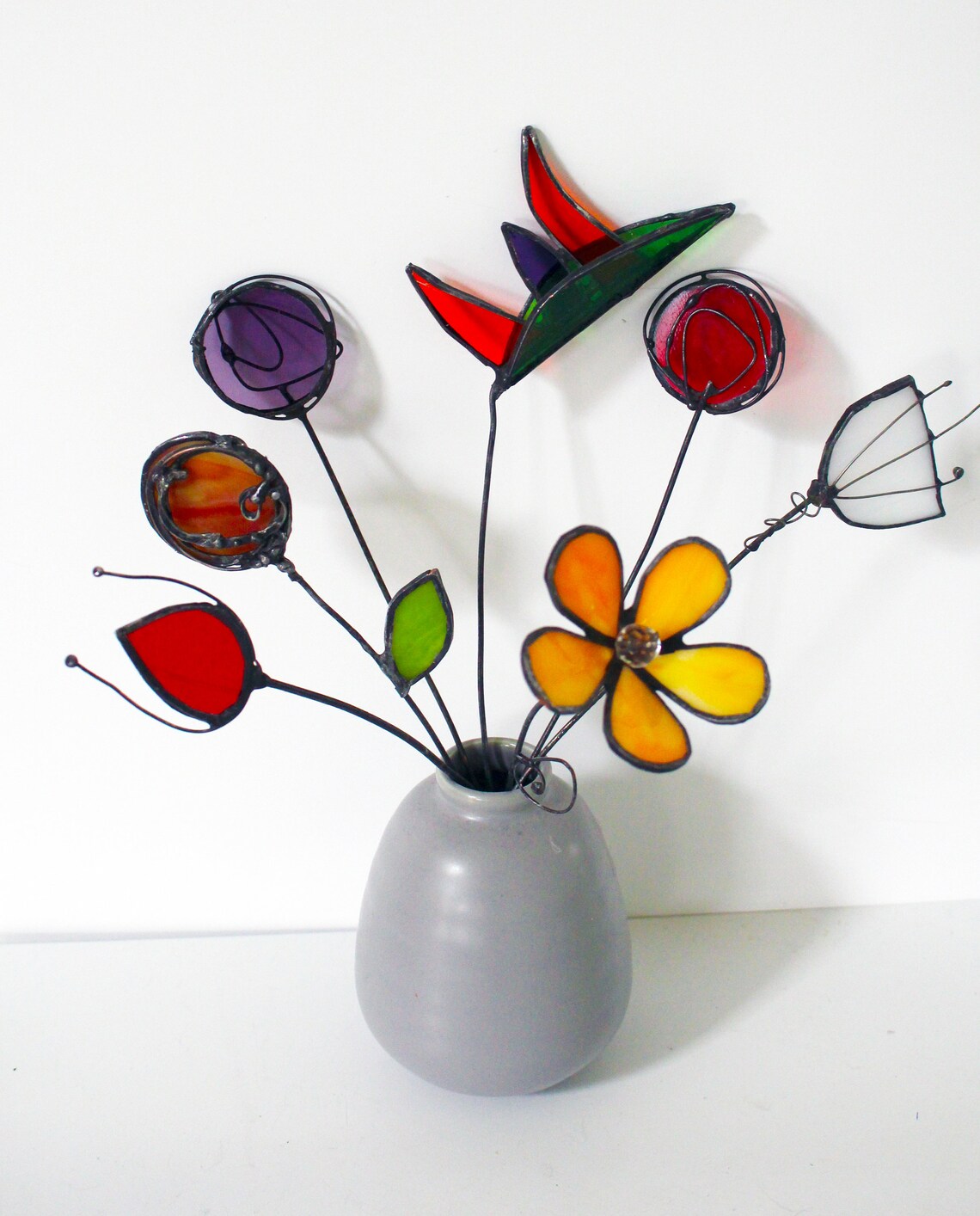 Stained Glass Flower Bouquet Flowers on a Stem Modern Table Etsy
