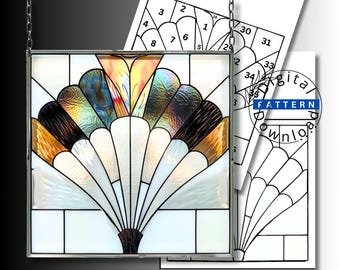 Art Deco Stained Glass Pattern SVG • Modern Geometric Fan Window Panel Template • Intermediate 35-Piece Panel Design PDF