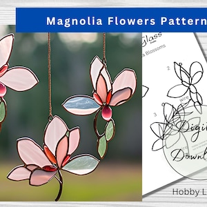 Conjunto de 3 patrones de flor de magnolia de vidrieras para descargar, patrón de flores retro, decoración de ventanas, vidrieras de bricolaje, imprimir en casa, PDF
