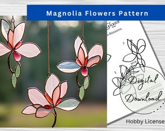 Set of 3 Stained Glass Magnolia Blossom Patterns for Download, Retro Flower Pattern, Window Decor, DIY Stained Glass, Print at home, PDF