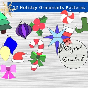 Set van 12 glas-in-lood vakantie ornamenten patronen om te downloaden, kerstpatronen, kerstboom decor, DIY glas-in-lood, thuis afdrukken
