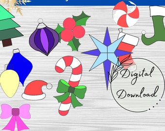 Set of 12 Stained Glass Holiday Ornaments Patterns for Download, Christmas  Patterns, Christmas Tree Decor, DIY Stained Glass, Print at home