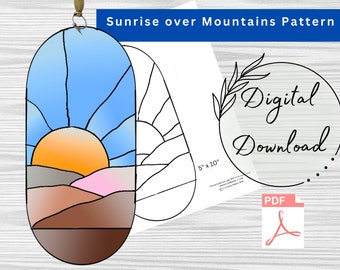 Stained Glass Sunrise Over Mountains Suncatcher Pattern, DIY Stained Glass, Print at home, PDF Instant Download, Hobby License,