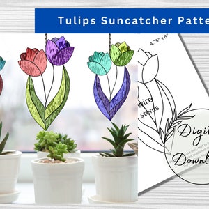 Stained Glass Tulips Suncatcher Pattern for Download, Beginner Pattern, Wall Decor, DIY Stained Glass, window decor, botanical pattern