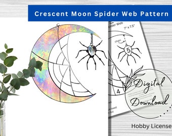 Buntglas Halbmond Spinnennetz Muster, PDF Sofort Download, Hobby Lizenz, Boho Spinne Suncatcher Muster, Mond Phase Art