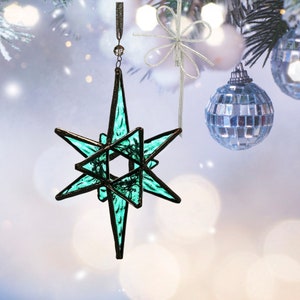 Stained Glass Teal Bethlehem Moravian Star Ornament, Star Suncatcher, Christmas Tree Ornament, Star Suncatcher, Teal Christmas Star