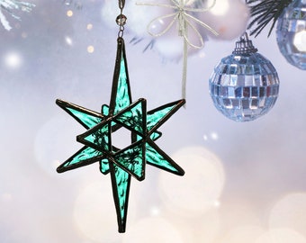 Stained Glass Teal Bethlehem Moravian Star Ornament, Star Suncatcher, Christmas Tree Ornament, Star Suncatcher, Teal Christmas Star