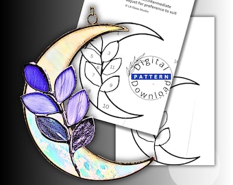 Beginner Lavender Moon Stained Glass Pattern PDF & SVG | Easy 11 Piece Botanical Suncatcher