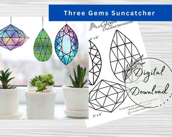 Three Stained Glass Gem Stones Patterns, PDF Instant Download, Hobby License, All skills, Glass Craft, DIY Stained Glass, Print at Home,