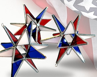 Stained Glass Moravian Star Suncatcher Red White Blue Americana Home Decor