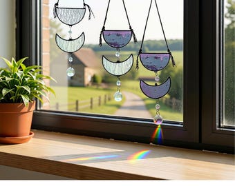 Handcrafted Stained Glass Moon Phase Suncatcher • Lunar Eclipse Mobile (Purple, Clear, All-Purple)