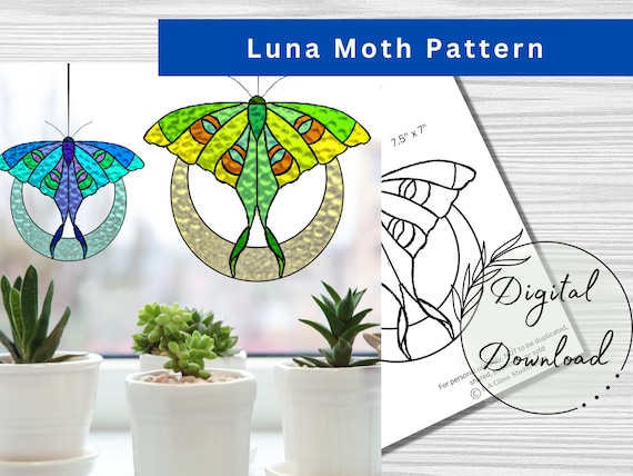 Stained Glass Luna Moth Digital Pattern, Window Decor, Celestial Decor, DIY Stained Glass, Print at home, PDF Download, Hobby License