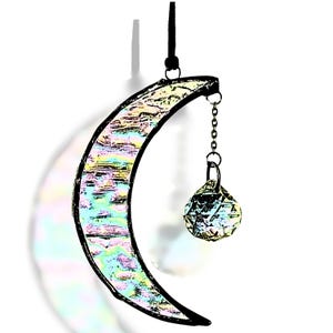 Atrapasueños de luna creciente de vidrieras con prisma de cristal / Adorno de ventana con luna iridiscente
