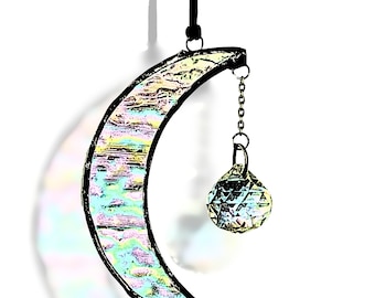 Stained Glass Crescent Moon Suncatcher with Crystal Prism | Iridescent Moon Window Hanging