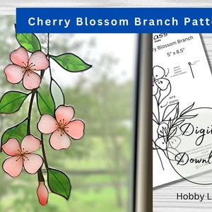 Stained Glass Cherry Blossom Pattern for Download, Retro Flower Pattern, Window Decor, DIY Stained Glass, Print at home, PDF Download