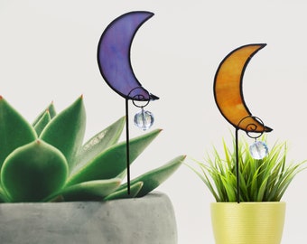 Stained Glass Crescent Moon Crystal Plant Stakes, Crystal Accent, Stained Glass, Plant Ornament, Moon Lovers Gift, Mother's Day Gift