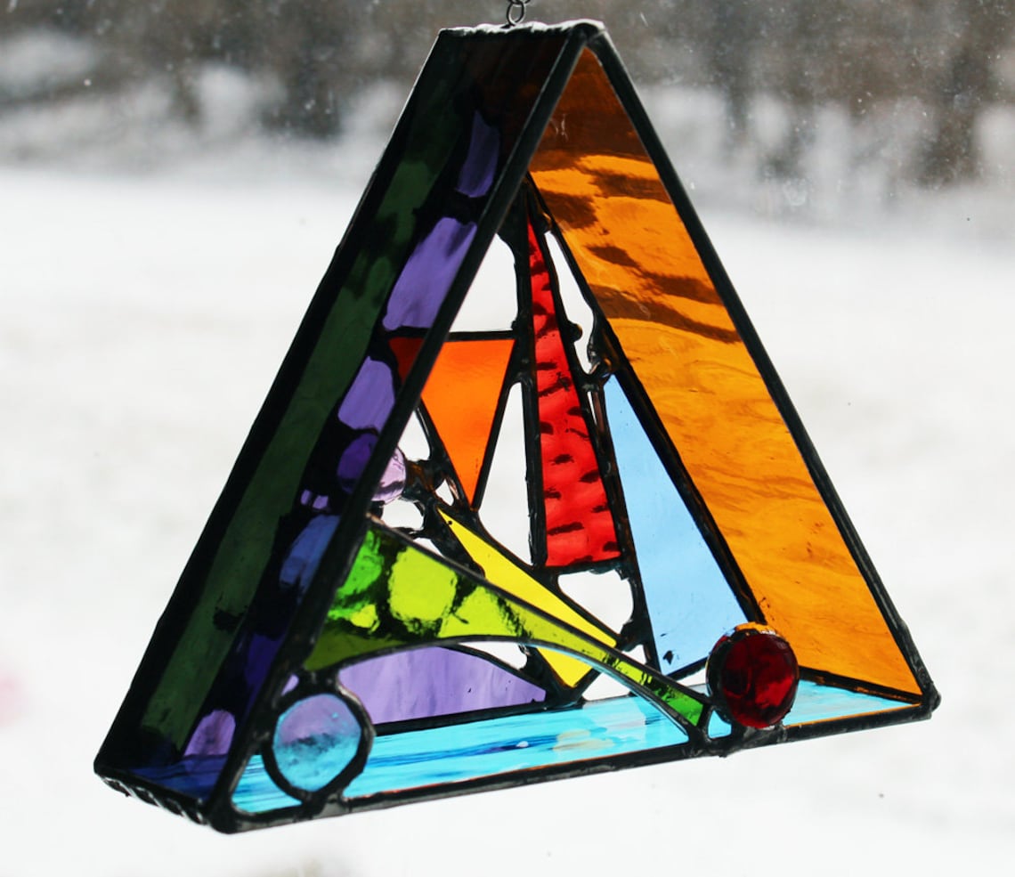 Original 3d Free Hanging Stained Glass Art Triangle Colors Etsy