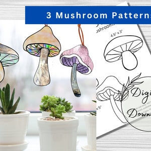 Three Stained Glass Mushrooms Digital Patterns, Window Decor, Mushroom Decor, DIY Stained Glass, Print at home, PDF Download, Hobby License