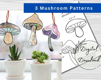 Three Stained Glass Mushrooms Digital Patterns, Window Decor, Mushroom Decor, DIY Stained Glass, Print at home, PDF Download, Hobby License