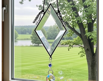Handcrafted Stained Glass Bevel Suncatcher • Geometric Diamond Mobile, Crystal Prism (3"x5")