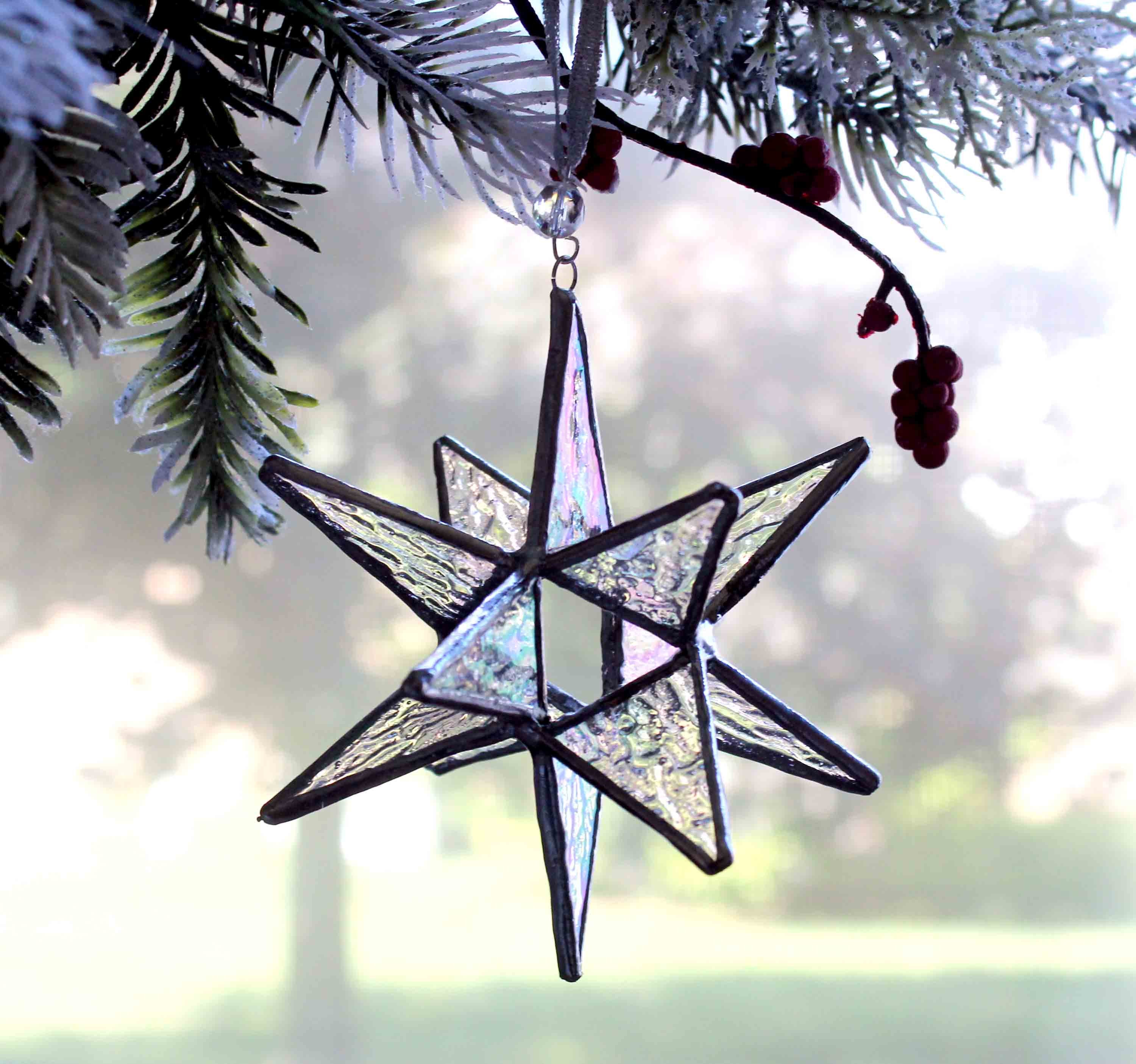 Moravian Star Hanging 12 Point Blue Iridescent Glass Christmas Ornament  Star Gift Wedding Suncatcher Bethlehem