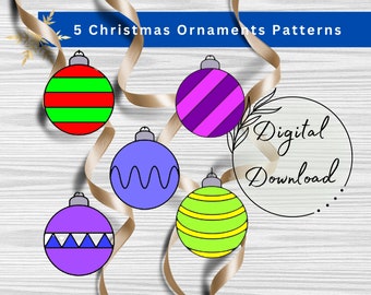 Set of 5 Stained Glass Christmas Ornaments Patterns for Download, Traditional Christmas  Patterns, Christmas Tree Decor, Print at home
