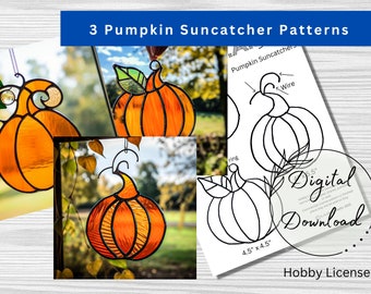 Set of 3 Stained Glass Pumpkin Patterns for Download, Suncatcher Patterns, Halloween Decor, DIY Stained Glass, Print at home, PDF Download