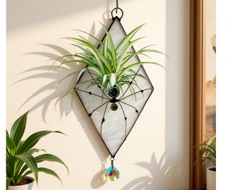 Handcrafted Stained Glass Spider Suncatcher • 3D Air Plant Holder, Crystal Prism (4.5"x8")