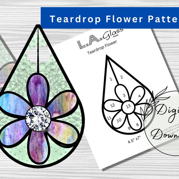 Stained Glass Teardrop Flower Digital Pattern, Window Decor, Flower Decor, DIY Stained Glass, Print at home, PDF Download, Hobby License