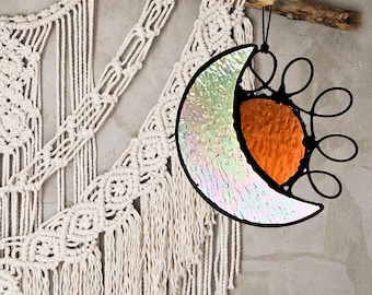 Boho Sun and Moon Stained Glass Suncatcher – Celestial Window Decor