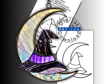 Witch Hat Crescent Moon Stained Glass Pattern, Beginner Halloween Stained Glass Pattern, Digital PDF Download