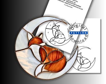 Sleeping Fox Crescent Moon Stained Glass Pattern PDF, Beginner Fox Suncatcher Digital Download