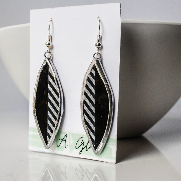 Stained Glass Black Marquis Geometric Jewelry Earrings Contemporary Handmade Jewelry Stylish Black and white Glass Lightweight Earrings