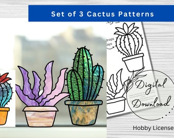 Set of 3 Stained Glass Cactus Patterns for Download, Suncatcher Patterns, Window Decor, DIY Stained Glass, Print at home, PDF Download