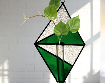 Handcrafted Emerald Green Diamond Stained Glass Plant Propagation Station Diamond Shape Botanical Decor Plant Lover Gift Unique Plant gift