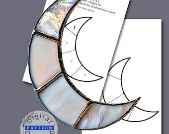 Simple Crescent Moon Stained Glass Pattern PDF | Beginner Moon Suncatcher Template | Easy 4 Piece Stained Glass Pattern
