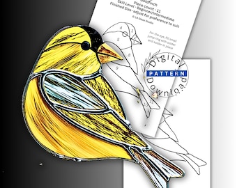Beginner Stained Glass Goldfinch Pattern | 11 Piece PDF & SVG | Easy Bird Suncatcher Template