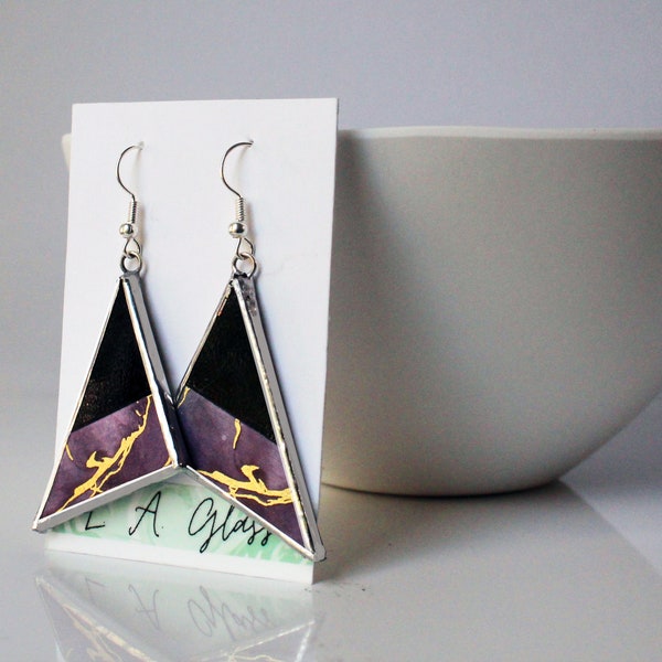 Stained Glass Purple and Gold Geometric Jewelry Earrings Contemporary Handmade Jewelry Stylish Glass Earrings Handcrafted Jewelry Boho Chic