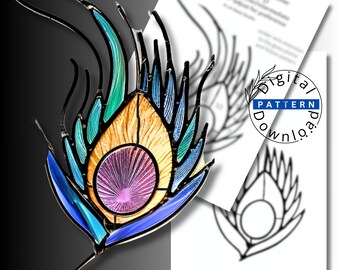Art Nouveau Peacock Feather Stained Glass Pattern • Geometric Suncatcher Template (Digital Download)