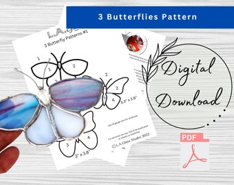 3 Digital Stained Glass Butterfly Patterns, PDF Instant Download, Hobby License, All skills, Beginner Pattern, Print at Home, Template