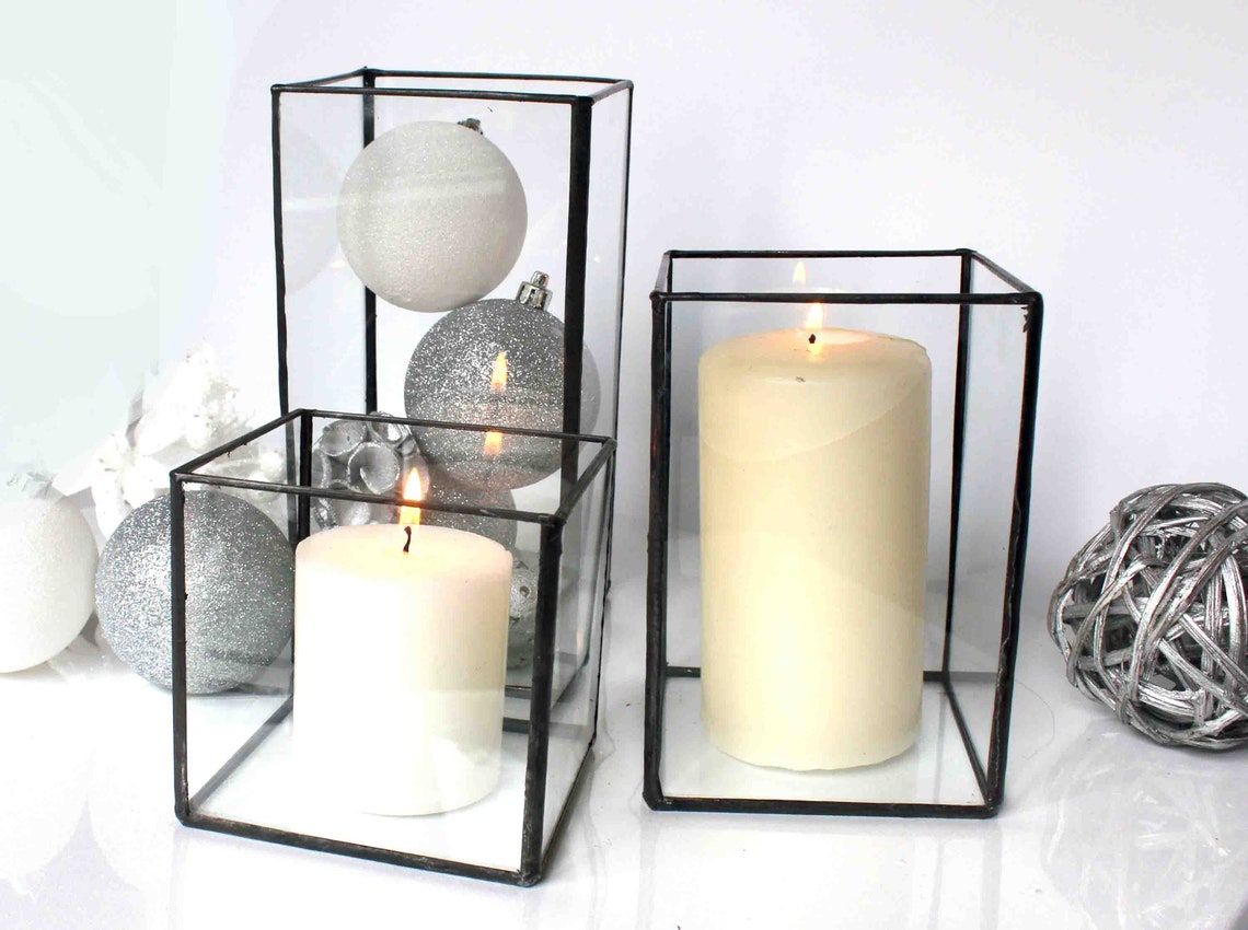 Glass Hurricane Candle Holder Christmas Decor Stained Glass Etsy