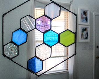 Stained Glass Beehive Suncatcher, Honeycomb Suncatcher, Wall Decor, Handmade Glass, Glass Window Hanging, Window Decor, Geometric Design
