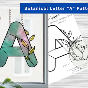 Stained Glass Botanical Alphabet Series Letter "A" Pattern for Download, Window Decor, DIY Stained Glass, Print at home, PDF Download,