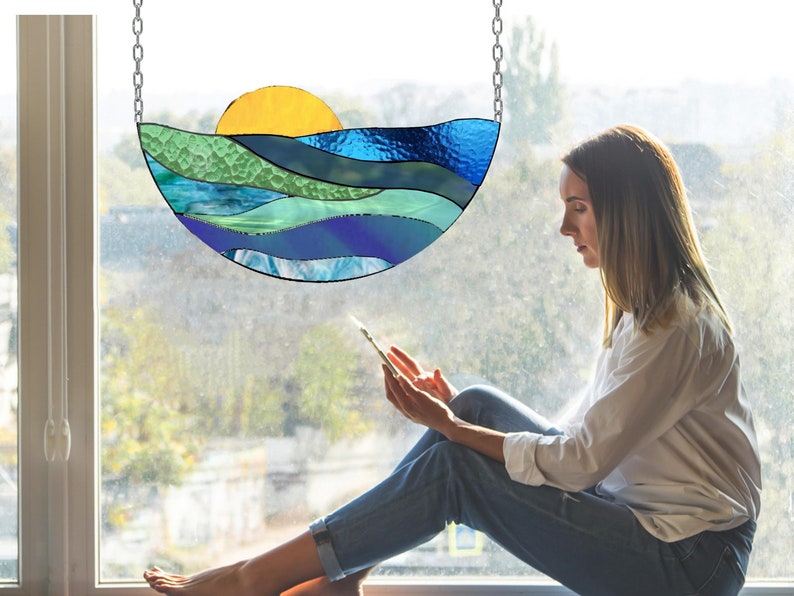 Stained Glass Sun and Waves Digital Pattern, Window Decor, Wall Decor ...