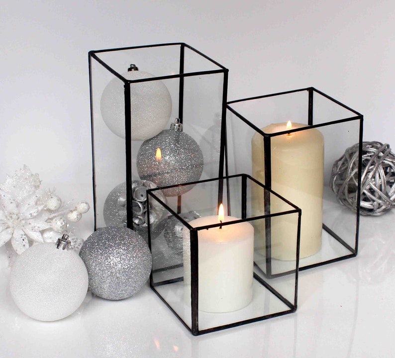 Glass Hurricane Candle Holder Christmas Decor Stained Glass Etsy