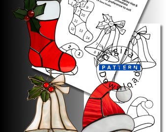 Christmas Stained Glass Patterns Bundle | 3 Christmas Ornament Patterns | Santa Hat, Stocking & Bell | PDF SVG Templates