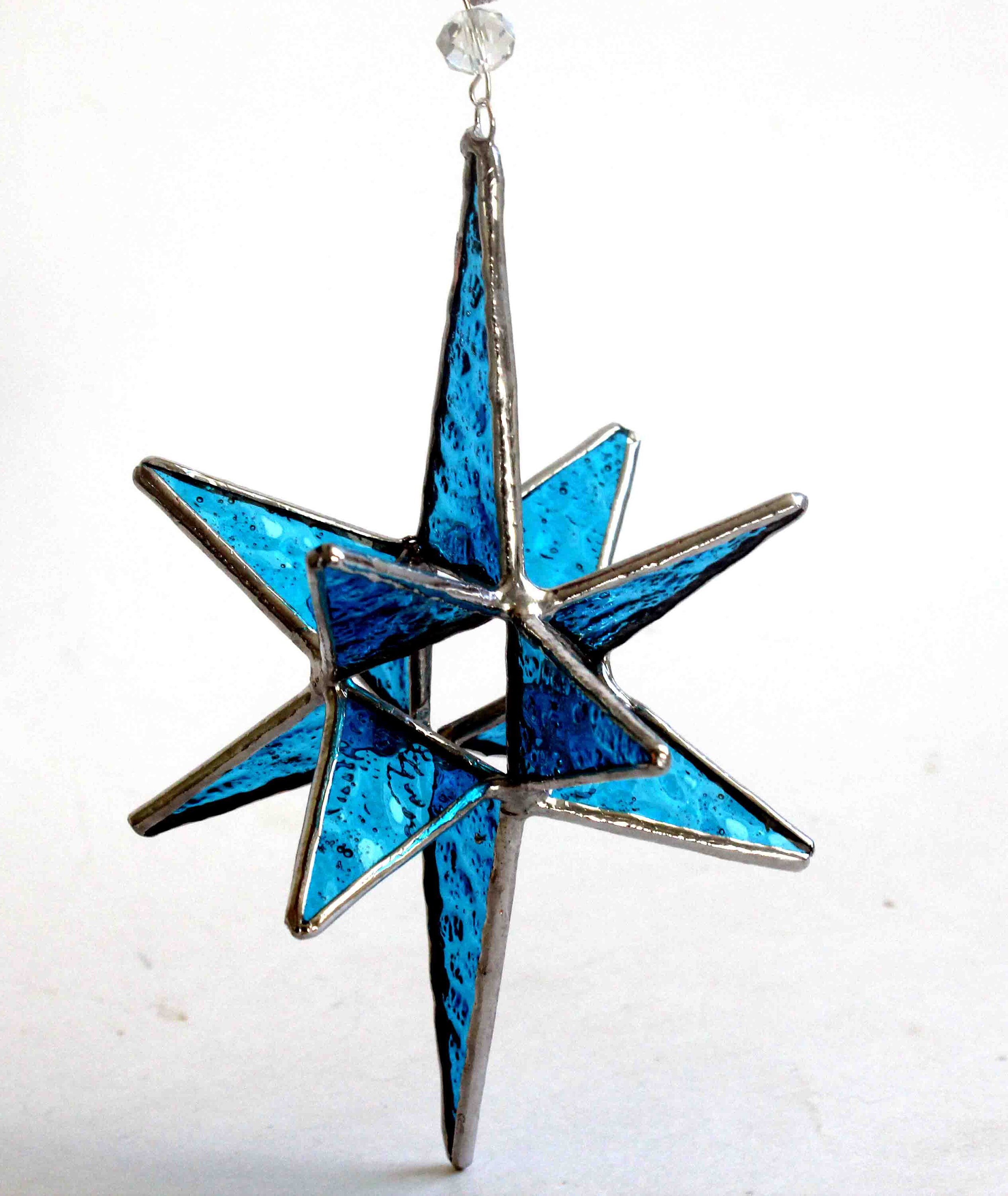 Moravian Star Hanging 12 Point Blue Iridescent Glass Christmas