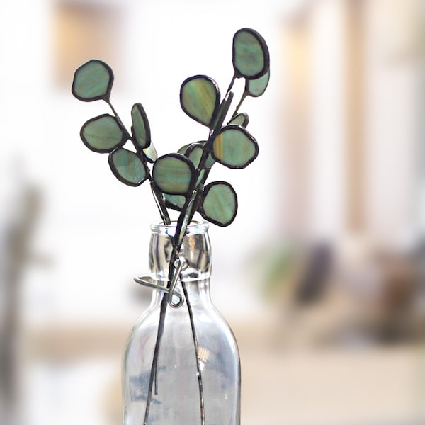 Stained Glass Eucalyptus Branch, Handmade Plant Stake