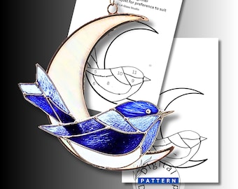 Beginner Stained Glass Bluebird Crescent Moon Pattern PDF & SVG | Easy Bird Moon Suncatcher | Digital Stained Glass Pattern