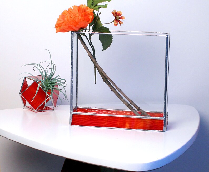 Stained Glass Planter Burnt Orange Modern Trendy Terrarium Etsy